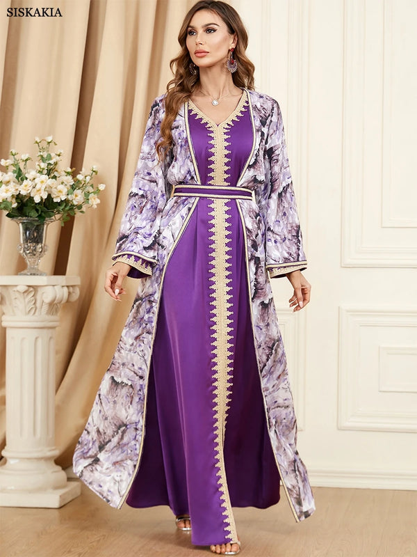 Muslim Abaya Satin 2 Piece Set Chic Printing Full Sleeve V-Neck Belted Robe Moroccan Caftan Ramadan Islamic Clothing