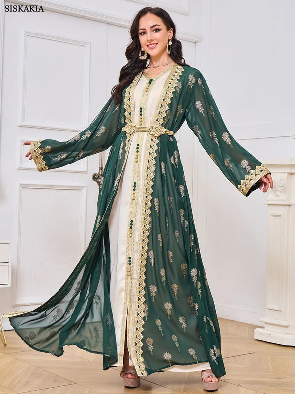 Arab Party Dress Abaya Women 2 Piece Set Islamic Clothing Belt Lace Tape Kaftan Vestidos Maxi Elegant Caftan