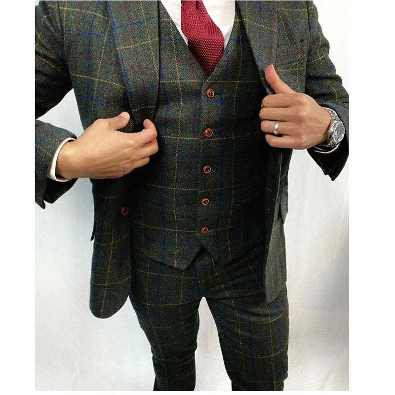 Wool Green Tweed Men Suits for Wedding Custom Made Slim Fit Blazer Groom Tuxedo Male Fashion Costume 3 Pcs Jacket Pants Vest green