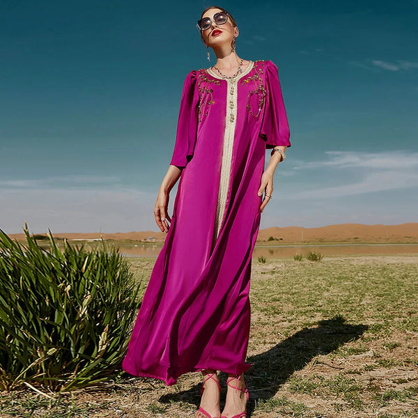 Ramadan Dubai Kaftan Muslim Women Long Dress Satin Abaya Arab Middle East Islamic Luxury Rhinestone Party Gown Moroccan Jalabiya