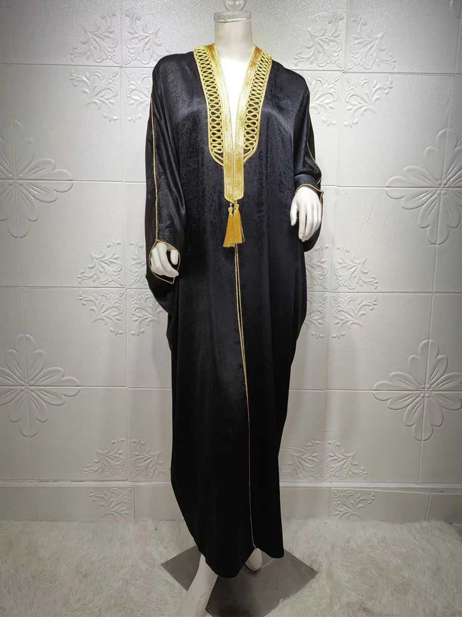 Dubai Open Abaya Velevt Kimono Coat Moroccan Turkish Ethnic Gold Tape Trim Batwing Sleeve Islamic Gulf Robe For Female