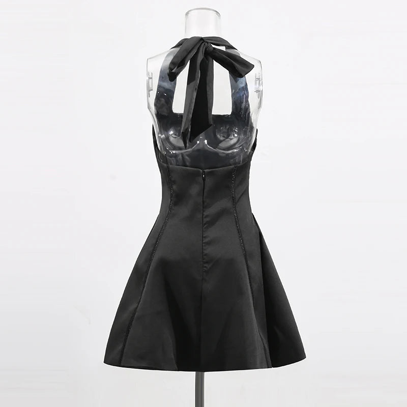 TWOTWINSTYLE Solid Slimming Fashion Mini Dresses for Women Halter Neck Sleeveless Patchwork Bow Tunic Elegant Dress Female New