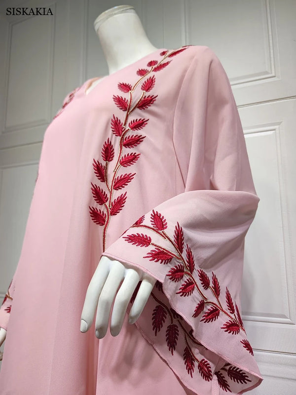 Fashion Chiffon Floral Embroidered Abaya Hijab Dress for Women Pink V Neck Long Sleeve Loose Arabic Muslim Dubai Moroccan Caftan
