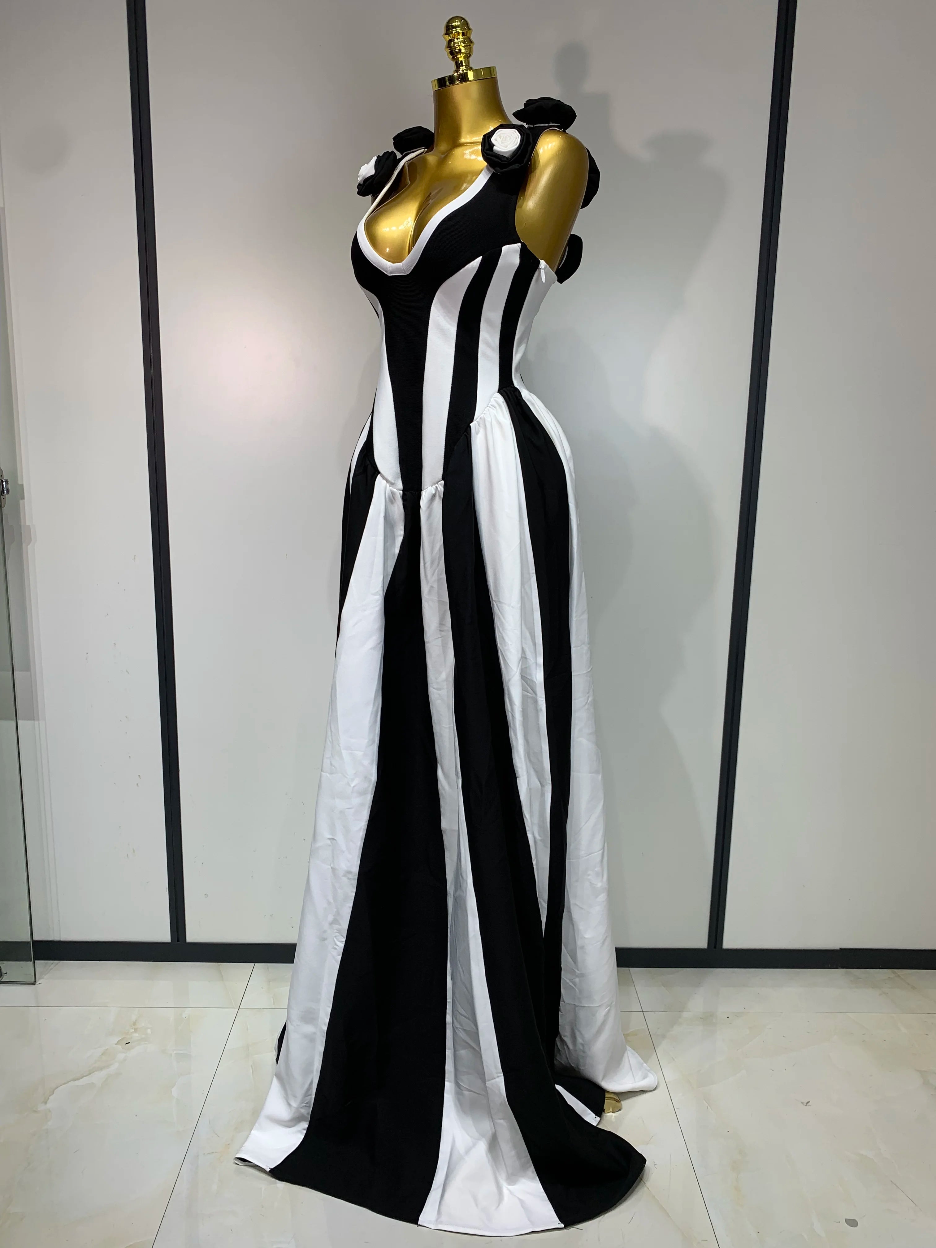 Sexy High fork Sleeveless Bandage Dress Women Flower Black White Stripe Long Dresses Vacation Party Elegangt Party Club Dresses