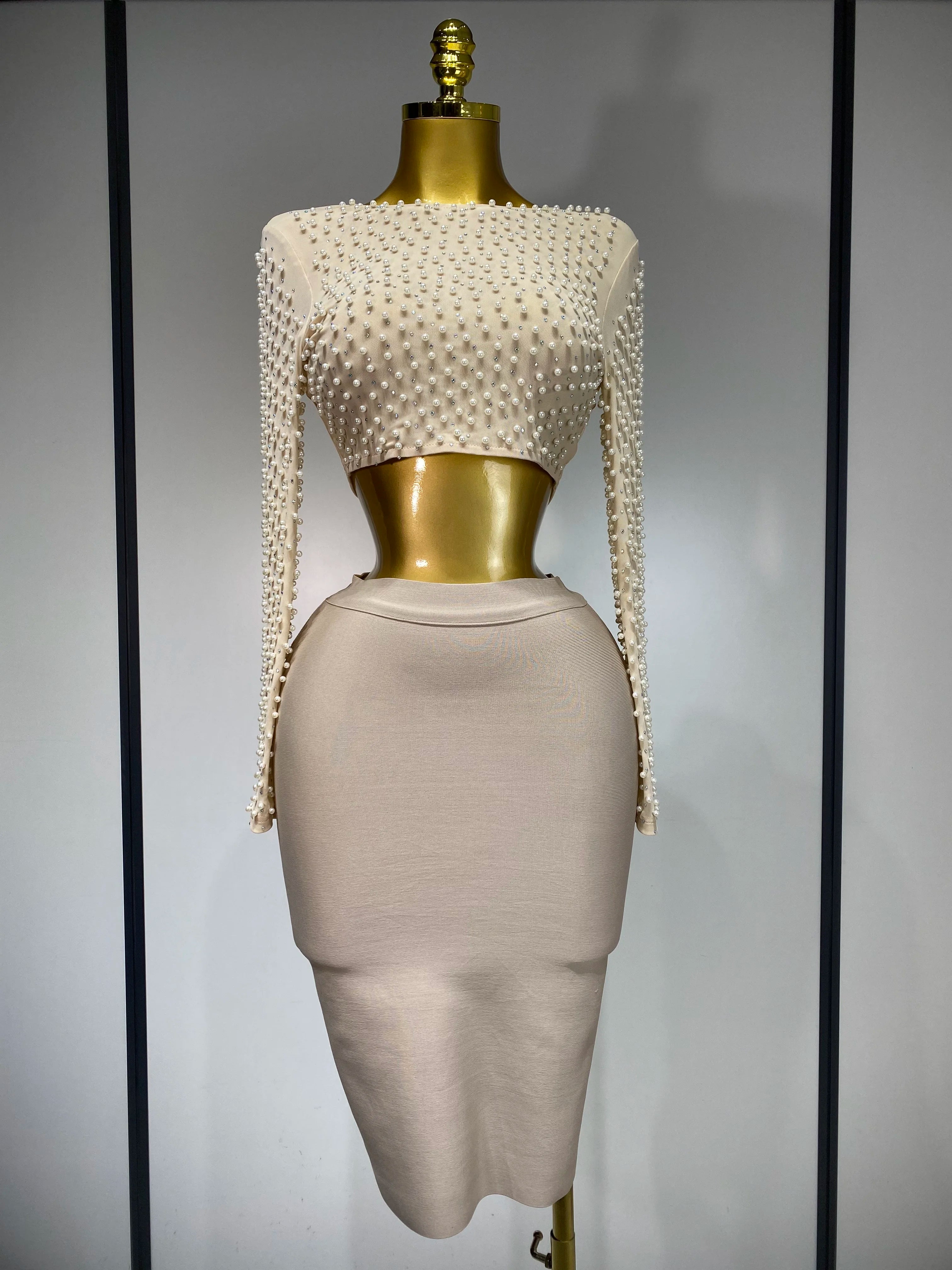 Women Sexy Long Sleeve Mesh Pearl Black Top Celebrity Midi Women Bandage Set 2025 Designer Evening Party Birthday Two Piece Set