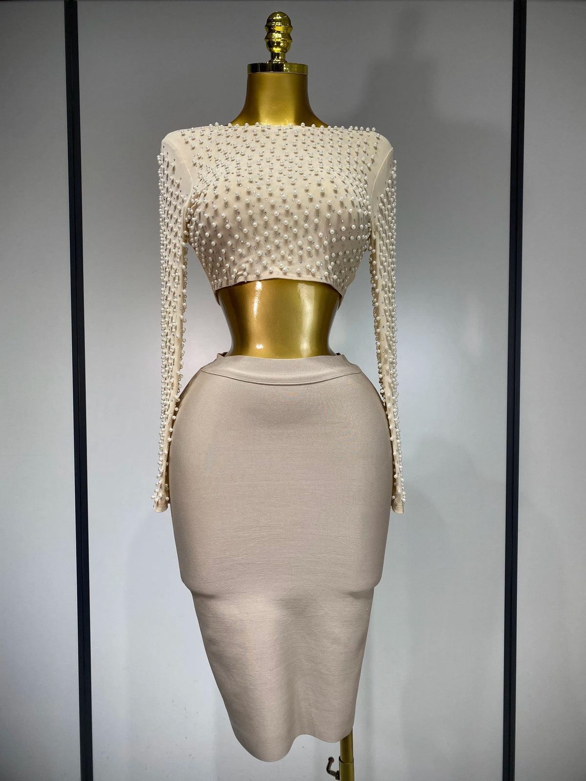 Women Sexy Long Sleeve Mesh Pearl Black Top Celebrity Midi Women Bandage Set 2025 Designer Evening Party Birthday Two Piece Set