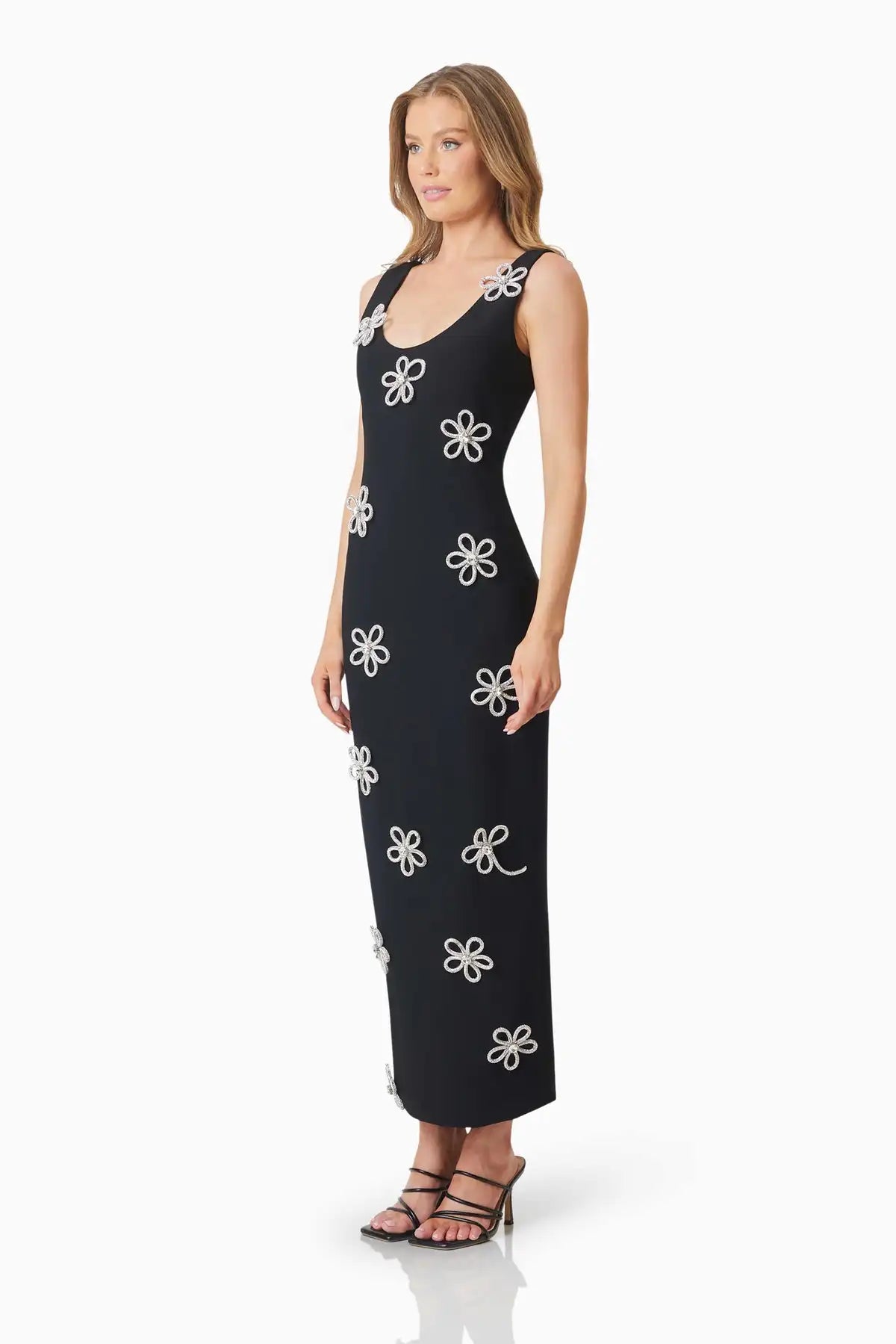 Top Quality Shinning Diamond Flowers Women Sleeveless O-Neck Bodycon Bandage Long Dress Celebrate Evening Party Runway Outfit