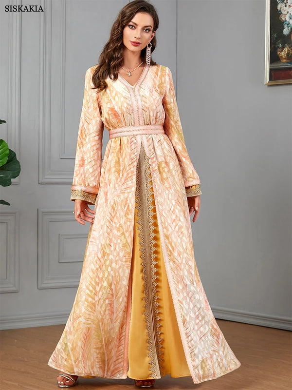 Moroccan Dress Kaftan 2 Piece Abaya Set Evening Robe Printing Full Sleeve V-Neck Islamic Caftan Ramadan Muslim Clothing