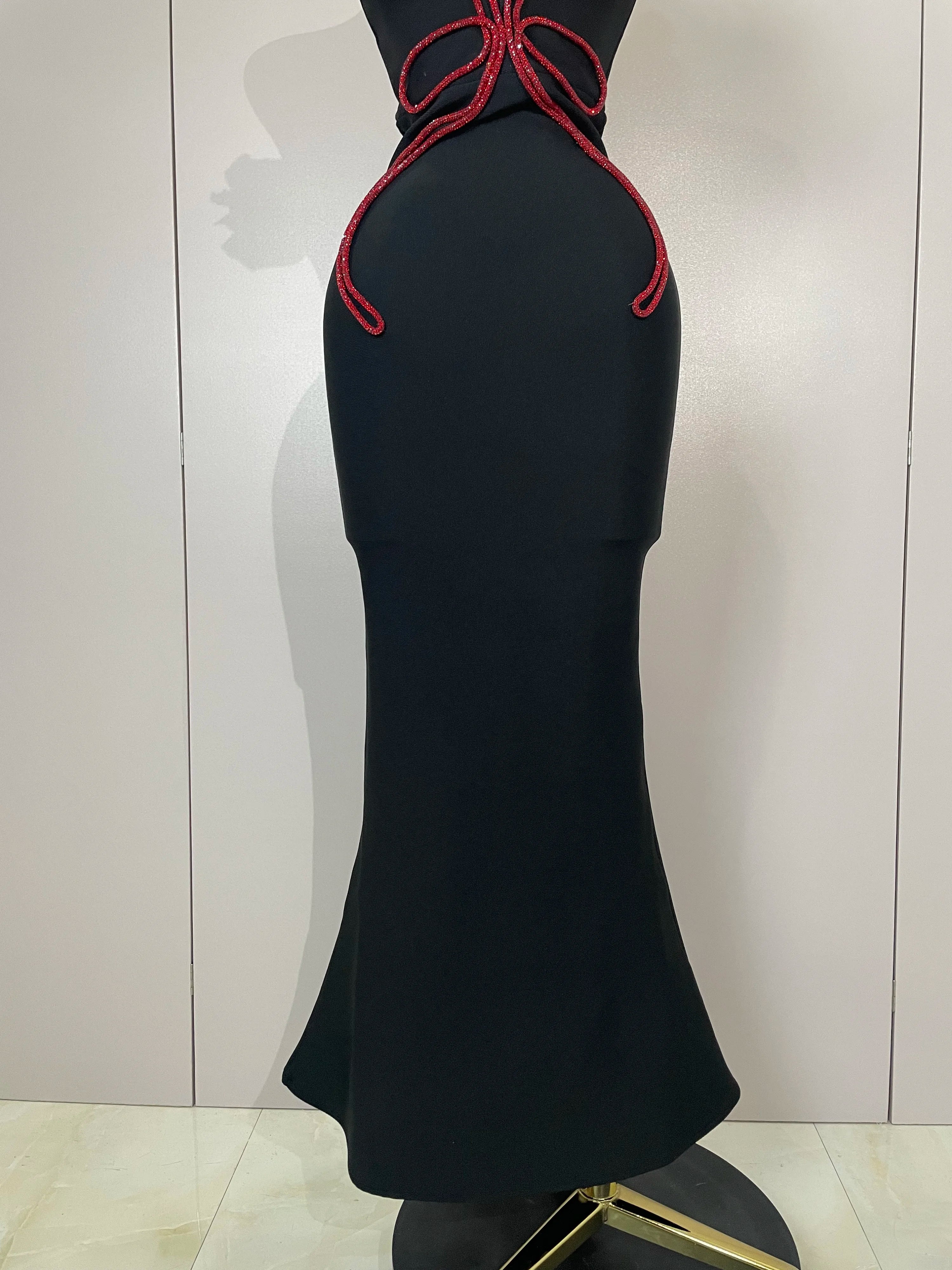2025 New Arrival High Quality black Off Shoulder Red Flower Bandage Long Dress Women Elegant Fshion Celebrity Party Dress