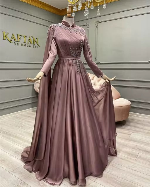 فستان رسمي أنيق من المسلمات العربيات بأكمام كاملة أردية De Soirée A-Line Chiffon High Neck Dubai Caftan Evening Prom Dress