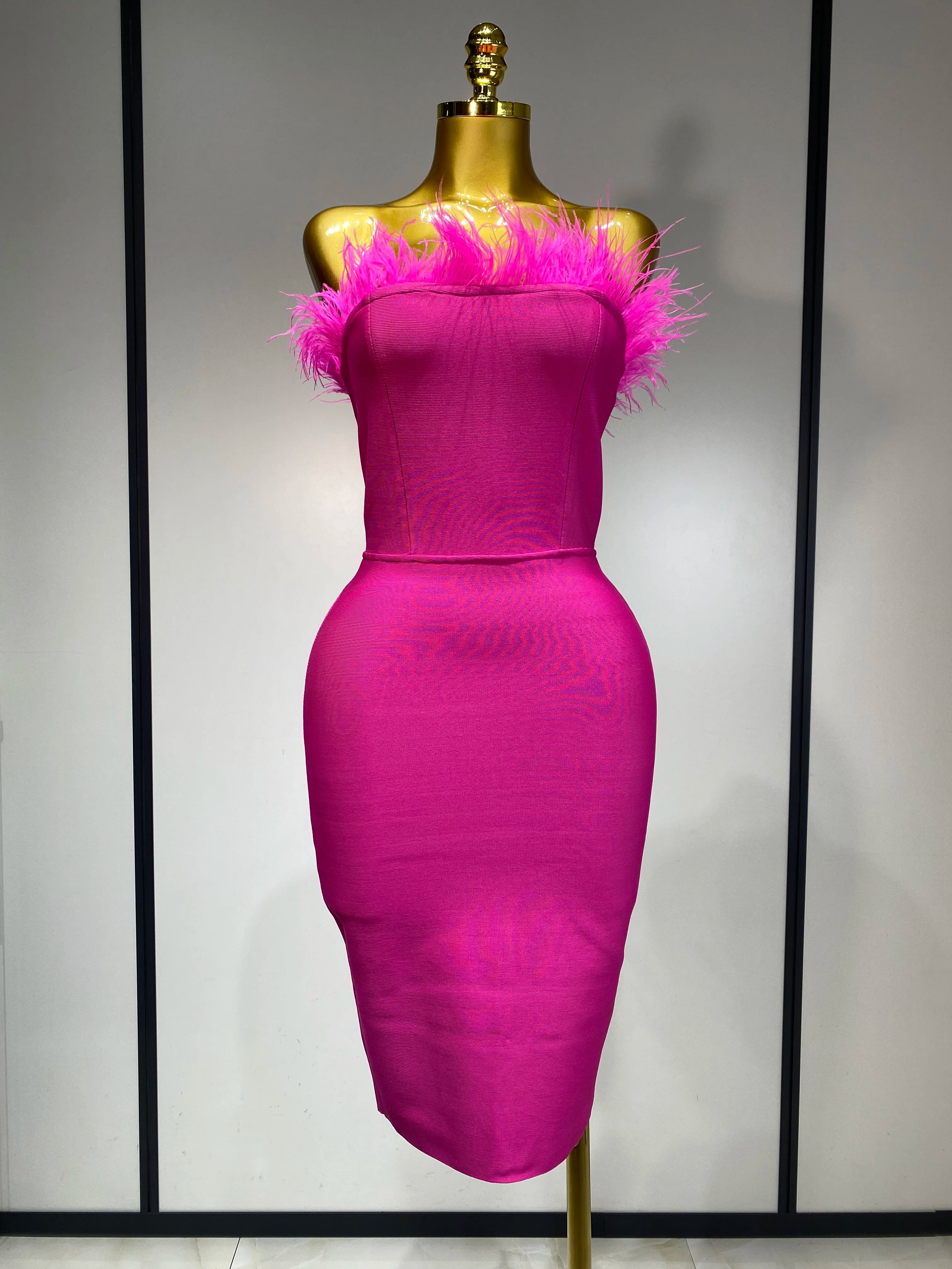 Women Sexy Backless Yellow Bodycon Bandage Dress Strapless Celebirty Elegant Feather Dresses Luxury Birthday Club Party Outfit