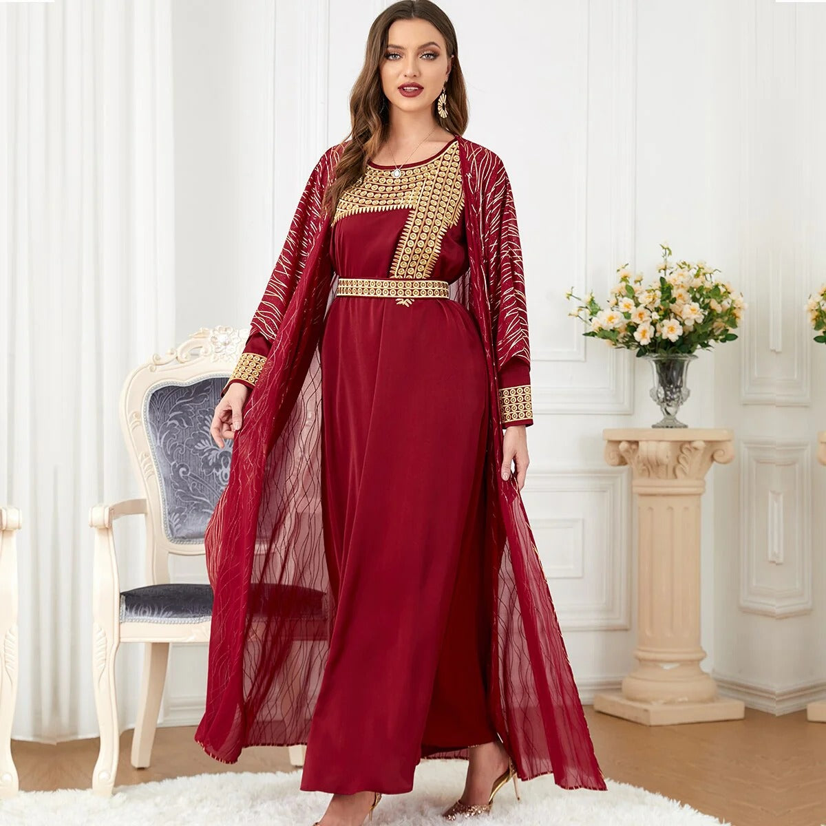 Vestidos femininos casuais elegantes abayas for Women Luxury 2 peças cenários muçulmanos bordados com cinto de Kaftan vestidos islâmicos Ramadã