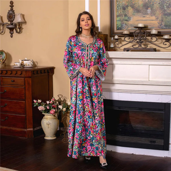 Moroccan Jalabiya 2024 Women Abaya Muslim Hijab Dress Vintage Floral Print Kaftan Ramadan Dubai Modest Dresses Party Arabic Gown