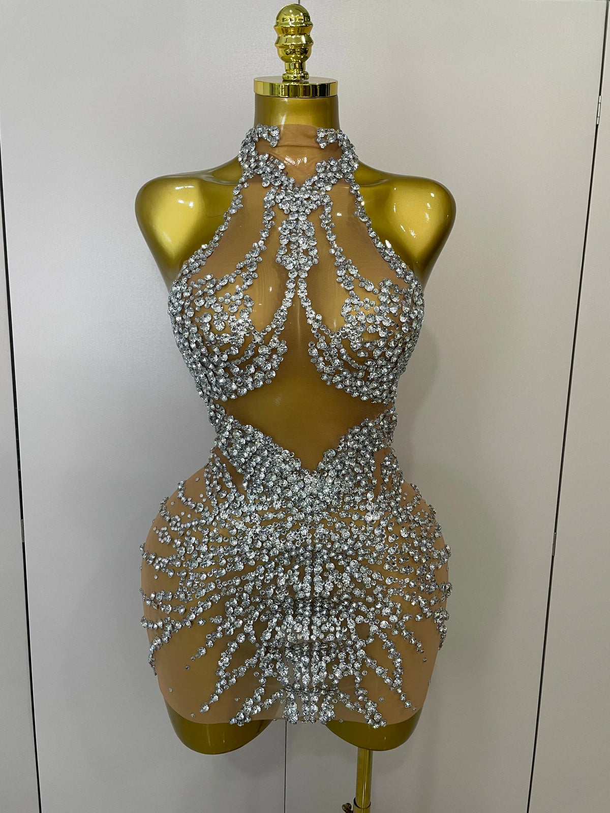 STOCK Sparkly Rhinestones Sexy Mesh See Through Dress Party Evening Prom Celebrate Birthday Dress Singer Dancer Show Stage Wear