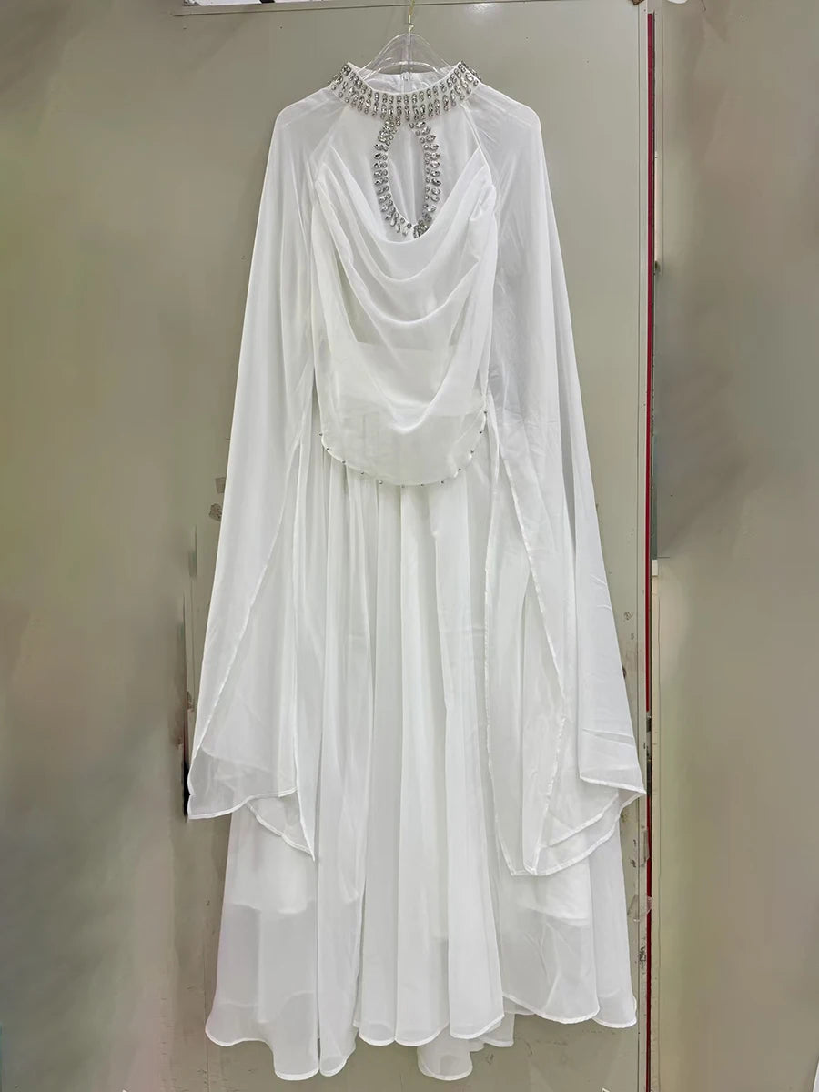 TWOTWINSTYLE Solid Loose Sheer Spliced Bead Elegant Dresses for Women High Neck Long Sleeves Patchwork Folds Dress Female New