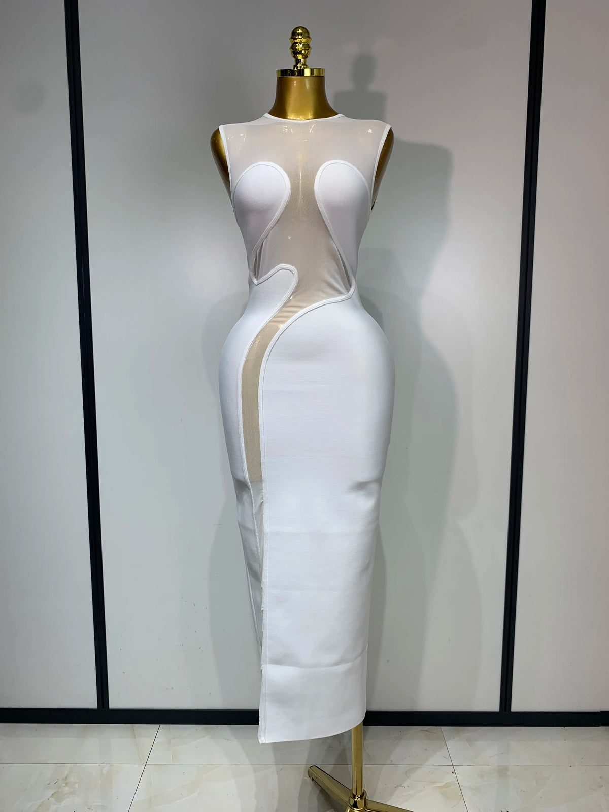 Women Sexy Mesh Patchwork Bandage Round Neck Sleeveless Bandage Dress Celebrity Elegant Evening Party Dress Club Wedding Gown