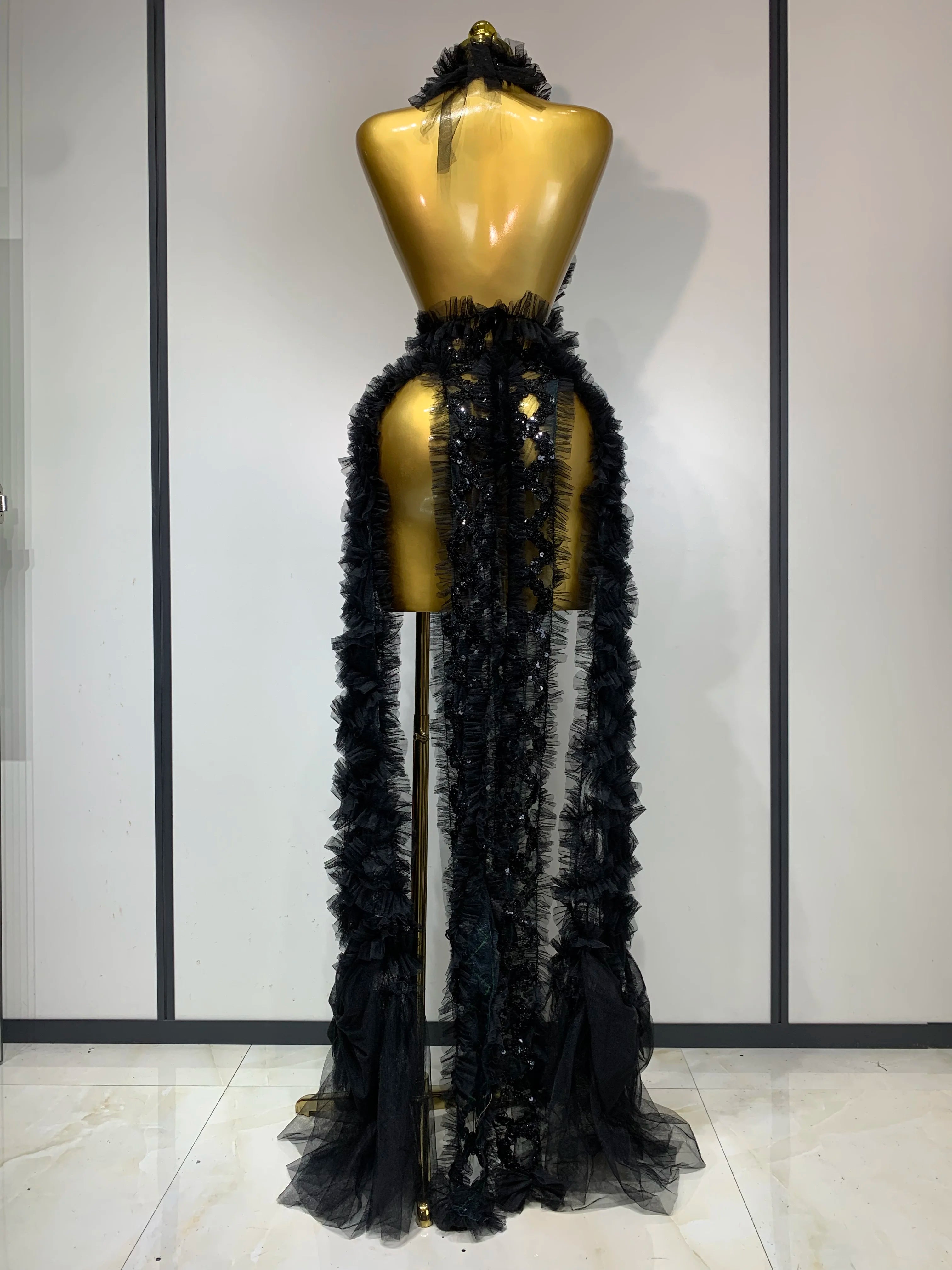 Black Mesh Sequins Sexy  Halter See Through Dress 2025 Evening Party Prom Nightclub Singer Performance Costume Stage Wear