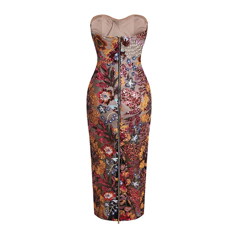 Women Sexy Off the Shoulder Embroidery Flowers Bodycon Mid-calf Dress Fashion Ruway Birthday Party Celebrate Dress Wholesale