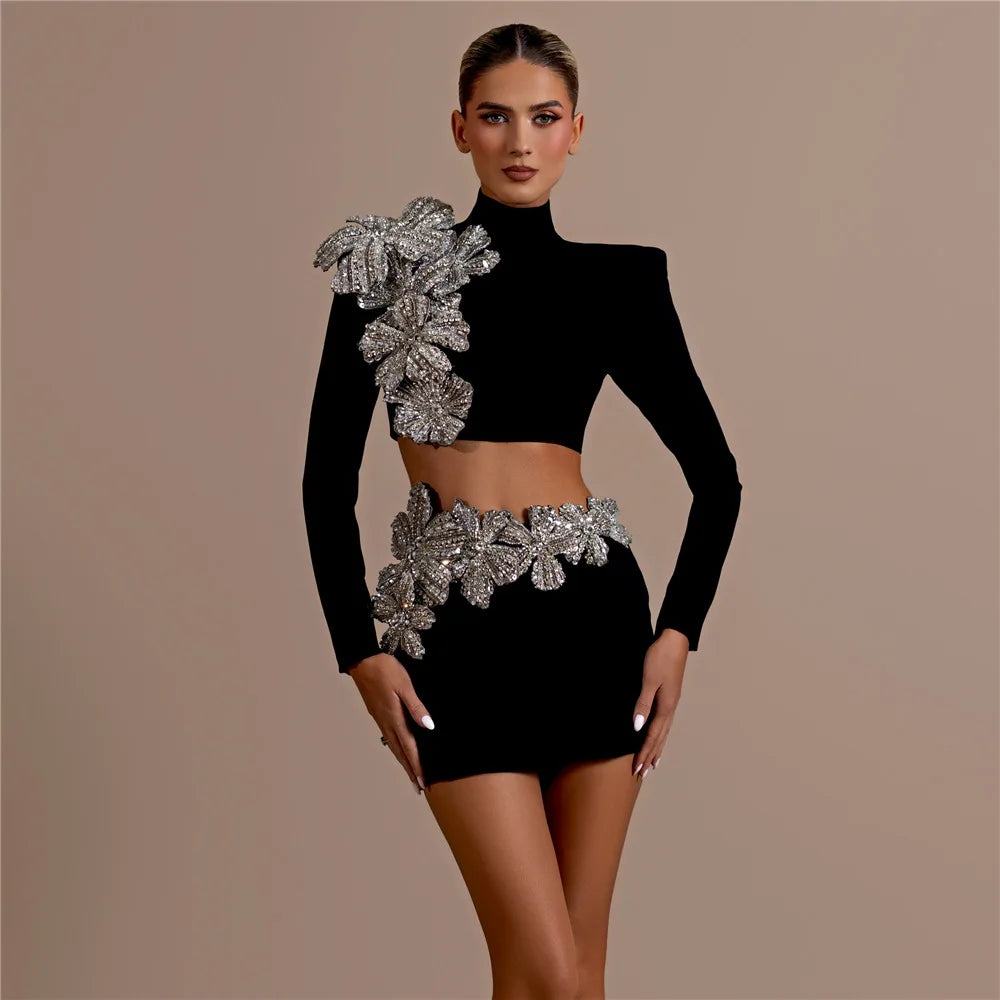 Black Color Women Long Sleeve Sexy Diamond Flowers 2 Pieces Bodycon Long Bandage Dress Celebrate Nightclub Party Outfit Vestido