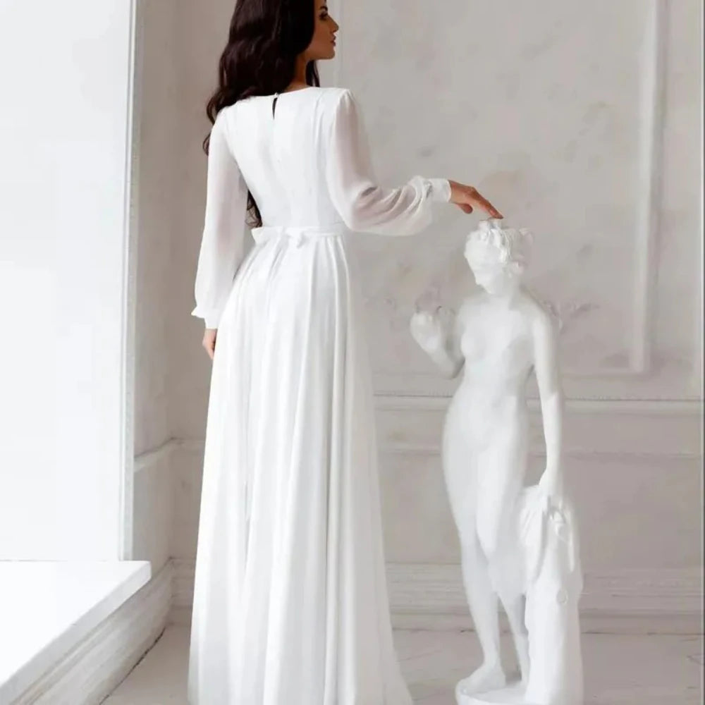 Luxury Store Chiffon Wedding Dresses White Dresses Womens A-Line vestidos boda playa Elopment Full Sleeves Vestido De Novia