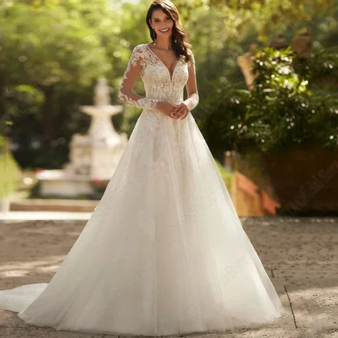 Exquisitos vestidos de novia con cuello en V para mujer ilusión espalda vestido de novia apliques A-Line Hochzeitskleider Damen Große größe 