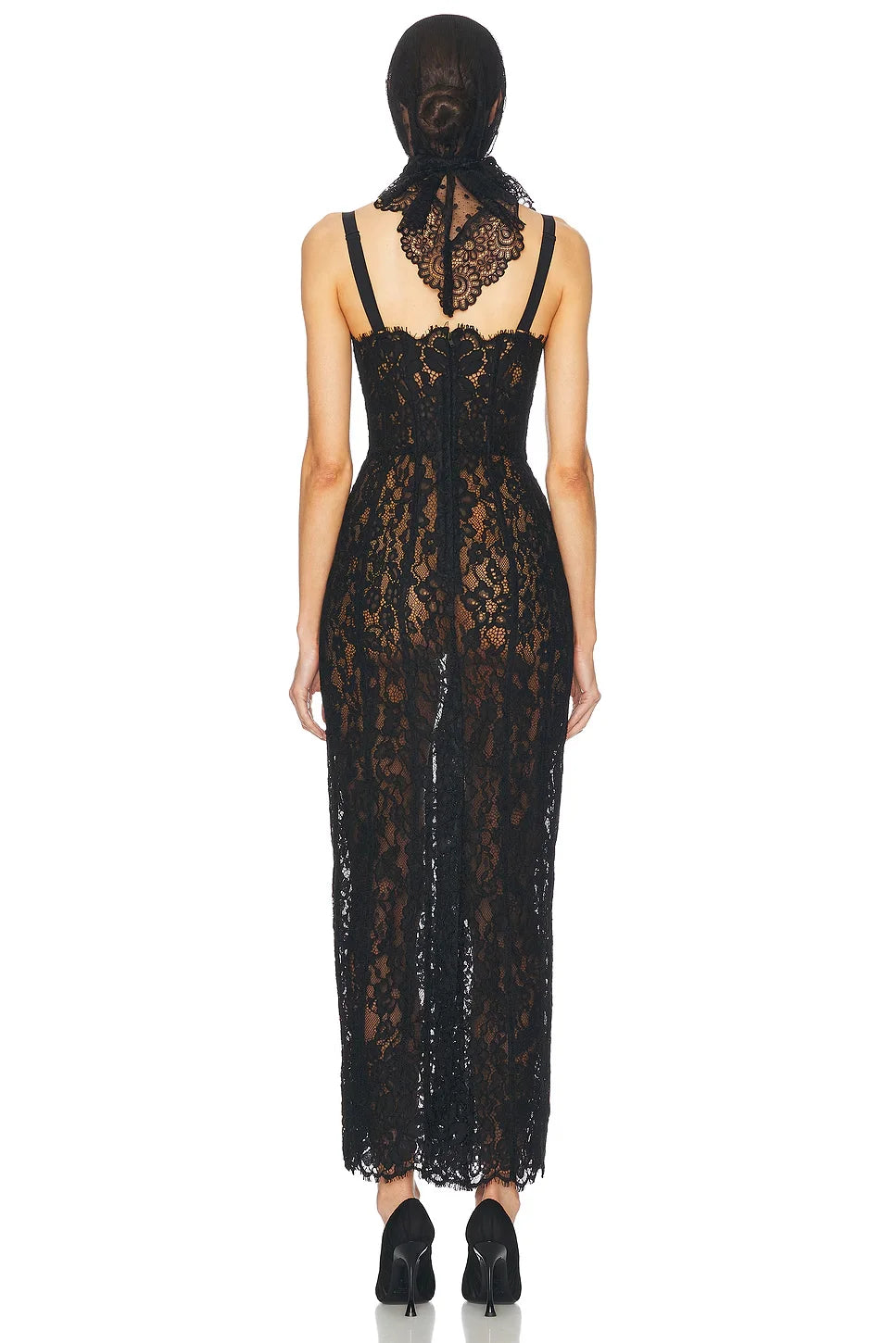 Black Color Women Sleeveless Sexy Strap Square Collar Lace Bodycon Long Dress Nightclub Party Celebrate Evening Outfit