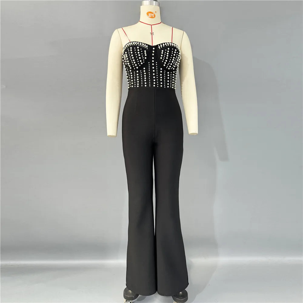 Top Quality Women Sexy Strapless Shinning Pearl Beading Bodycon Long Bandage Jumpsuit Celebrate Evening Party Birthday Wear