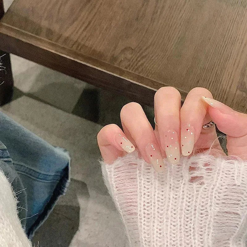 24Pcs Spring Wearing False Nails Short Almond Oval Nails with Red Love Rhinestone Designs Popular Nail Stickers for Spicy Girls