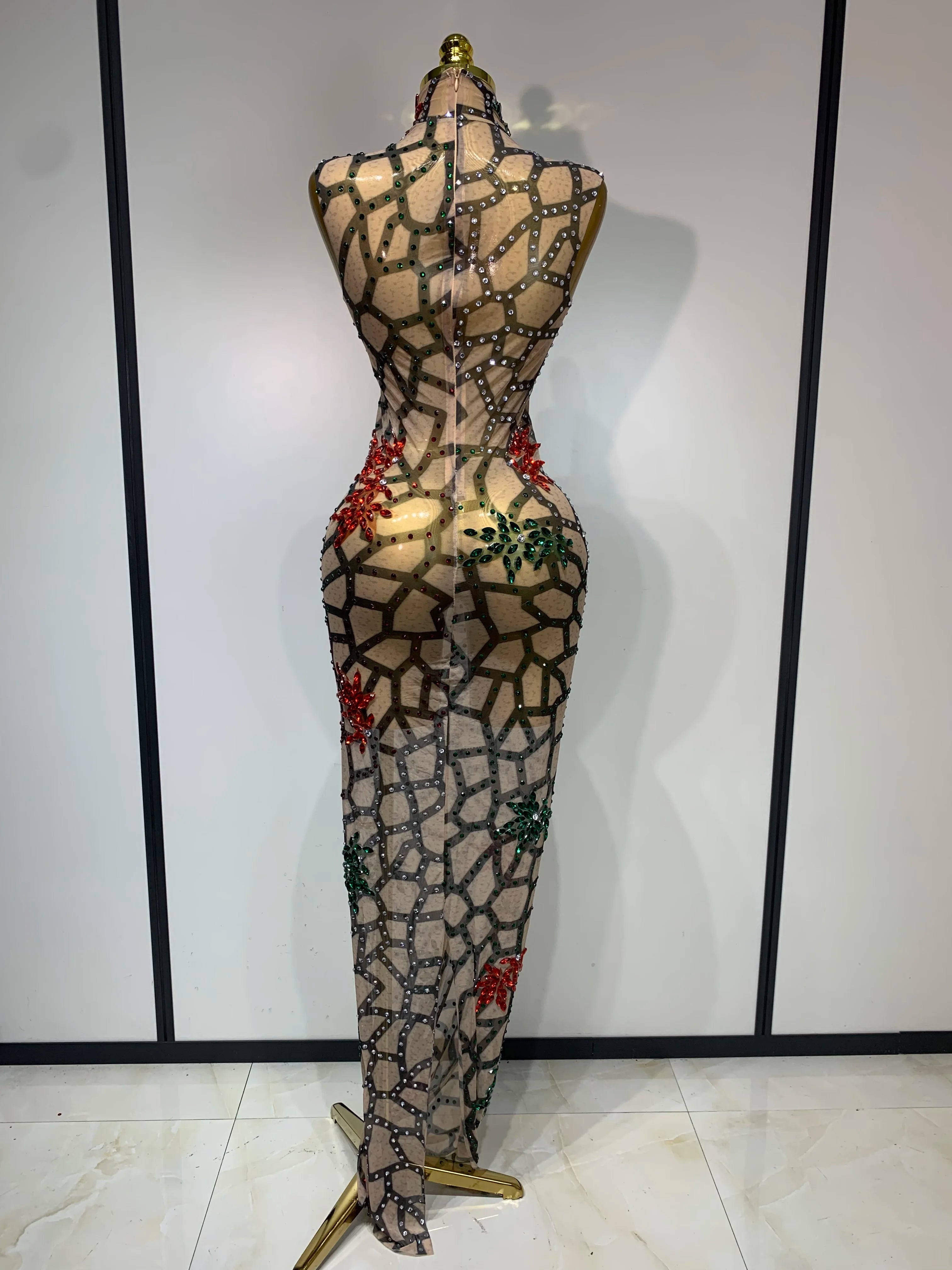 Women Sexy Mesh See Through Sparkly Rhinestone Long Maxi Dress Luxury Birthday Evening Party Prom Gowns Singer Stage Costume