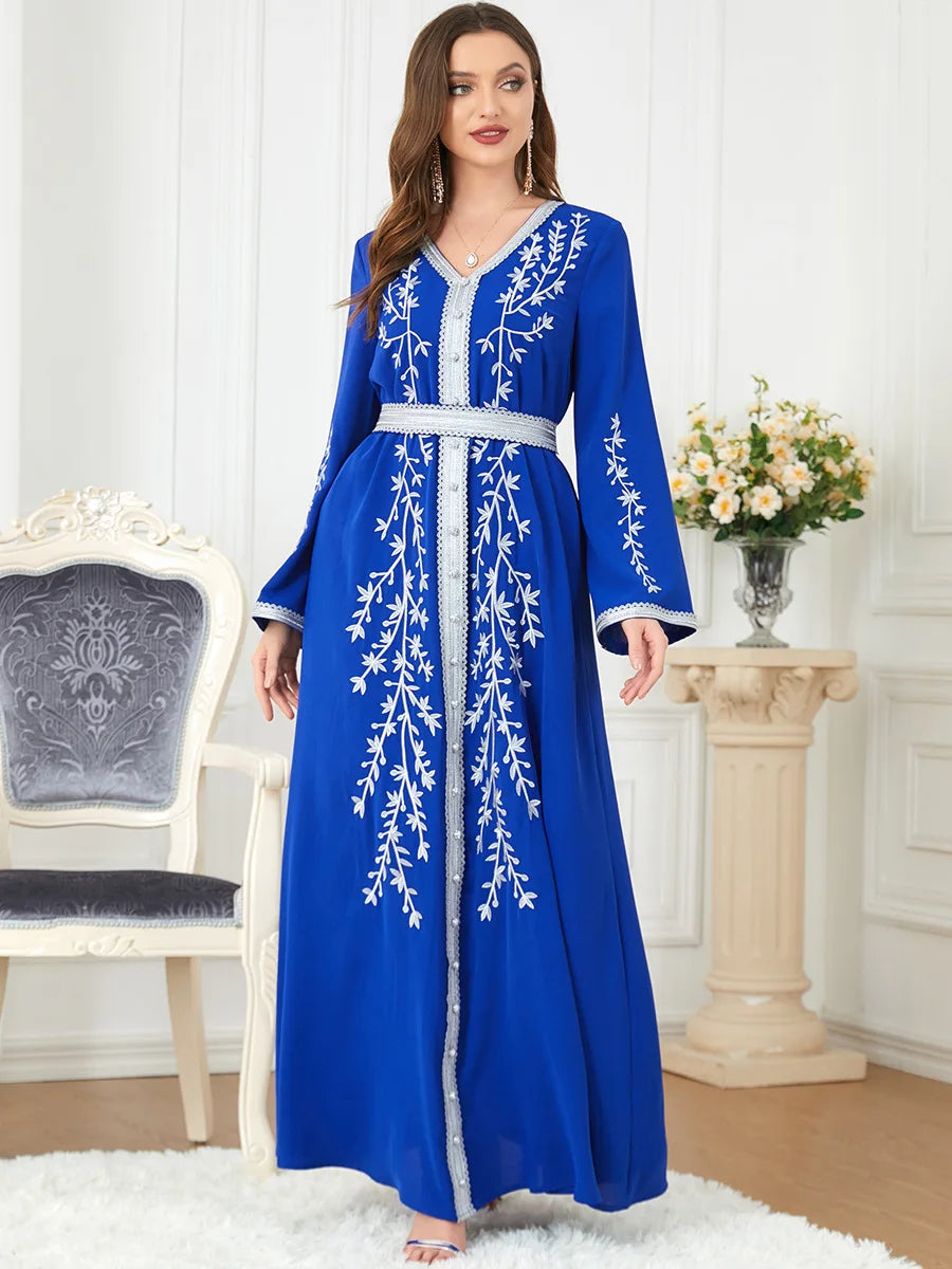 Abaya Islamic Fashion Solid Emberoidery Maxi Dresses Long Sleeve V-Neck Belted Clothing Moroccan Kaftan For Women Blue Dress