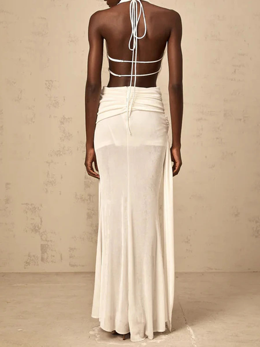 TWOTWINSTYLE Solid Slimming Spliced Hollow Out Dresses for Women Halter Neck Sleeveless Patchwork Sheer Midi Dress Female New