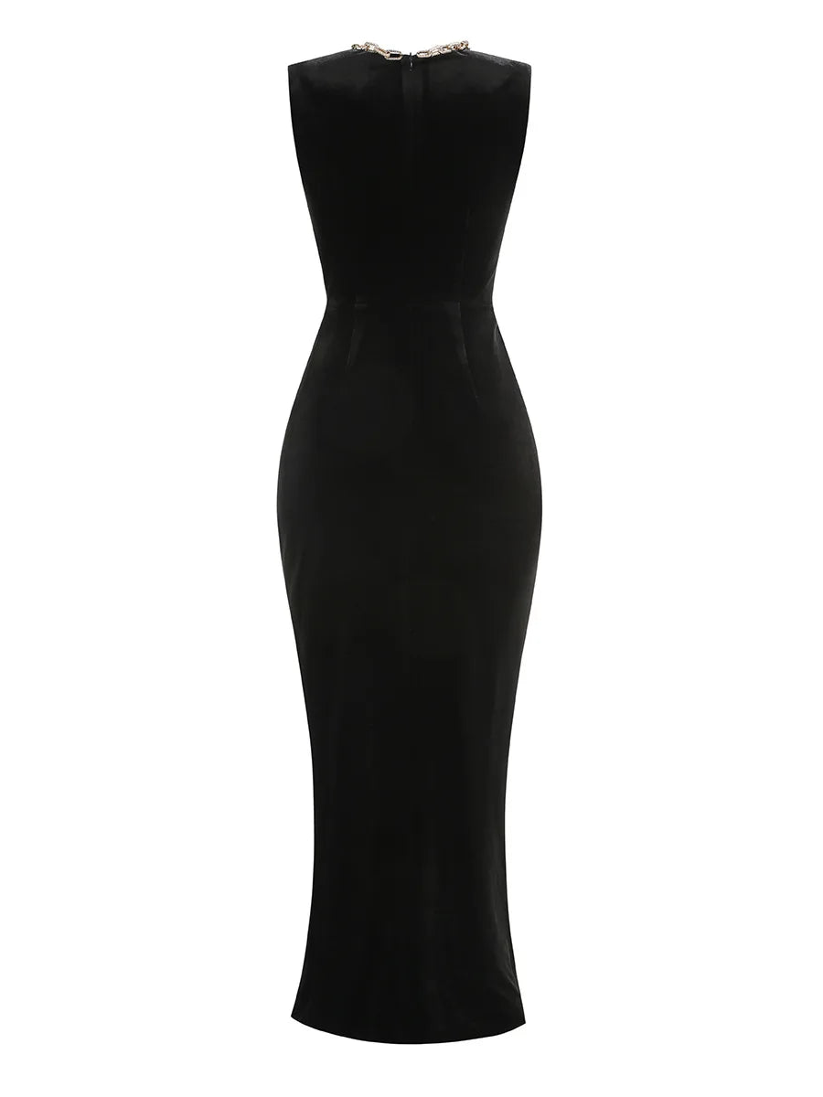 High Quality Black Color Women Sexy Sleeveless O-Neck Velvet Bodycon Long Maxi Dress Elegant Evening Party Cocktail Dress
