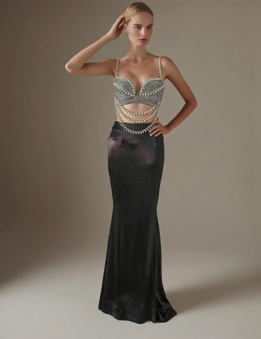 2025 New Summer Women Sexy Shinning Crystal Tops 2 Pieces Bodycon Long Dress Elegant Evening Birthday Party Cocktail Outfit