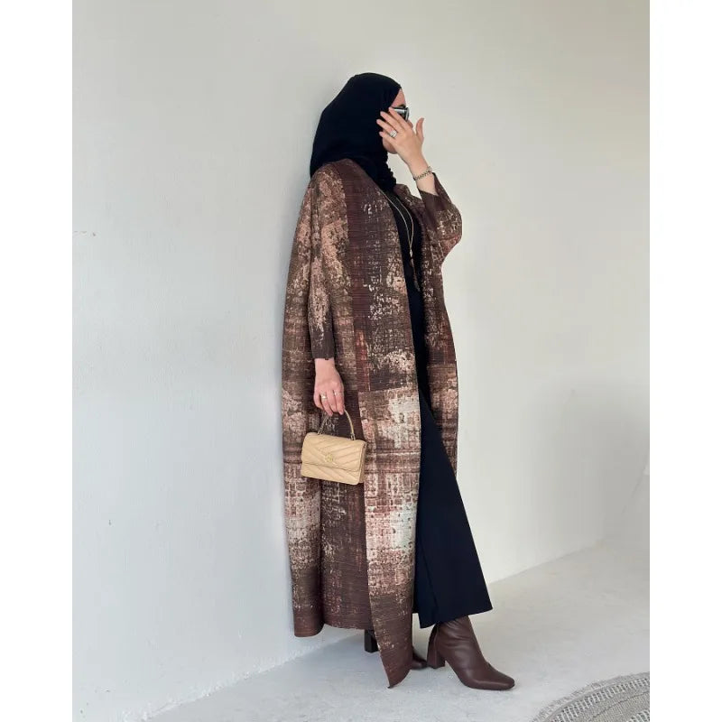KAF Women Large Size Abaya 2025 Spring  Autumn New Retro Printing Cardigan Tie Original Design Dubai Luxury Female Abaya