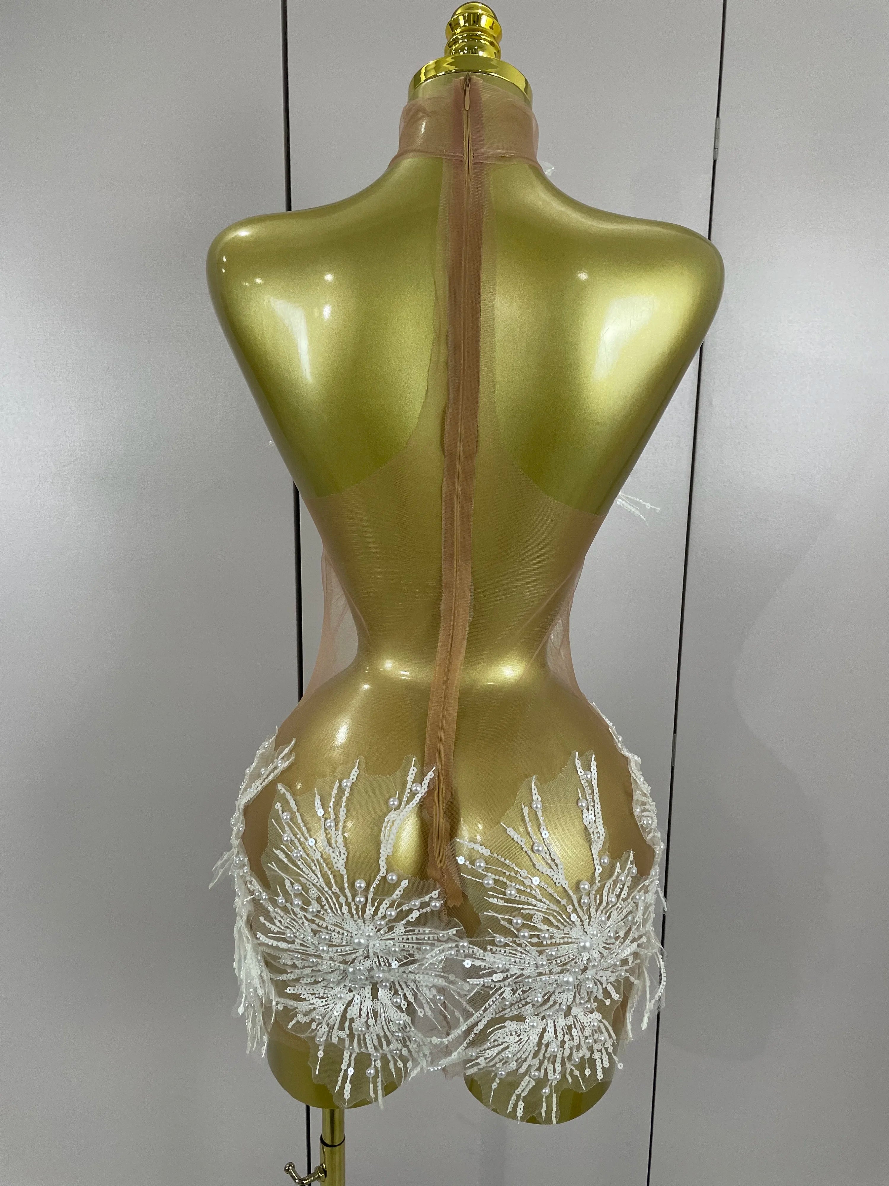 Stock Women Sexy Mesh See Through Pearl Lace Party Mini Dress Celebrate Birthday Photo Shoot Wear Performance Stage Costume