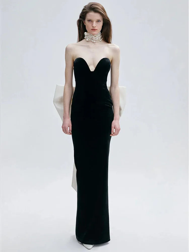 Women Celebrity Sexy Strapless Bow Tie Patchwork Black Maxi Long Bodycon Bandage Dress 2025 Elegant Evening Club Party Dress