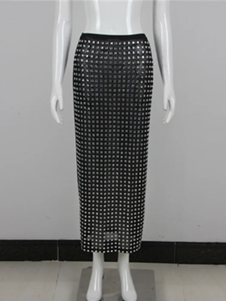 Summer Women Black Diamonds Midi Bodycon Skirt Designer High Waist Party Office Lady Elegant Split Skirt