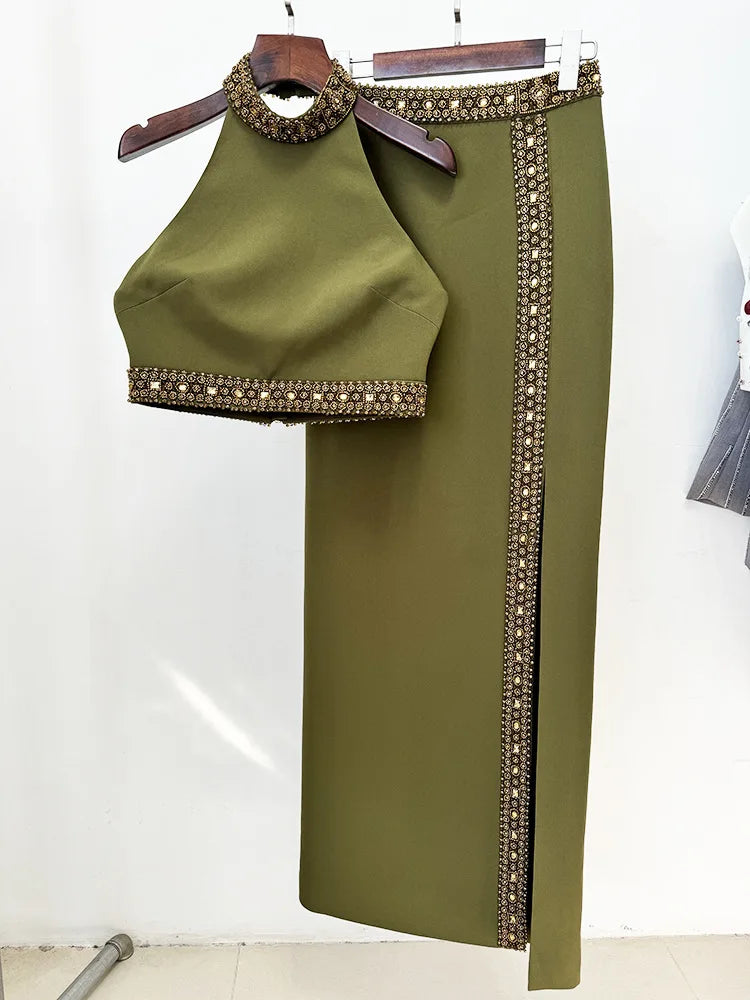 2025 New Spring Women Sexy Beading Tank Tops High Split Bodycon Long Skirts Set Elegant Evening Party Birthday Dress Vestido