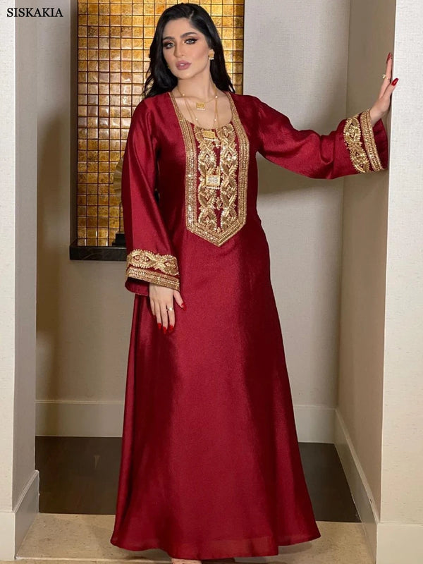 Fashion Solid Sequins Embroidery Abaya African Turkish Women Kaftan Clothing Jalabiyat Long Sleeve O-Neck Party Dress