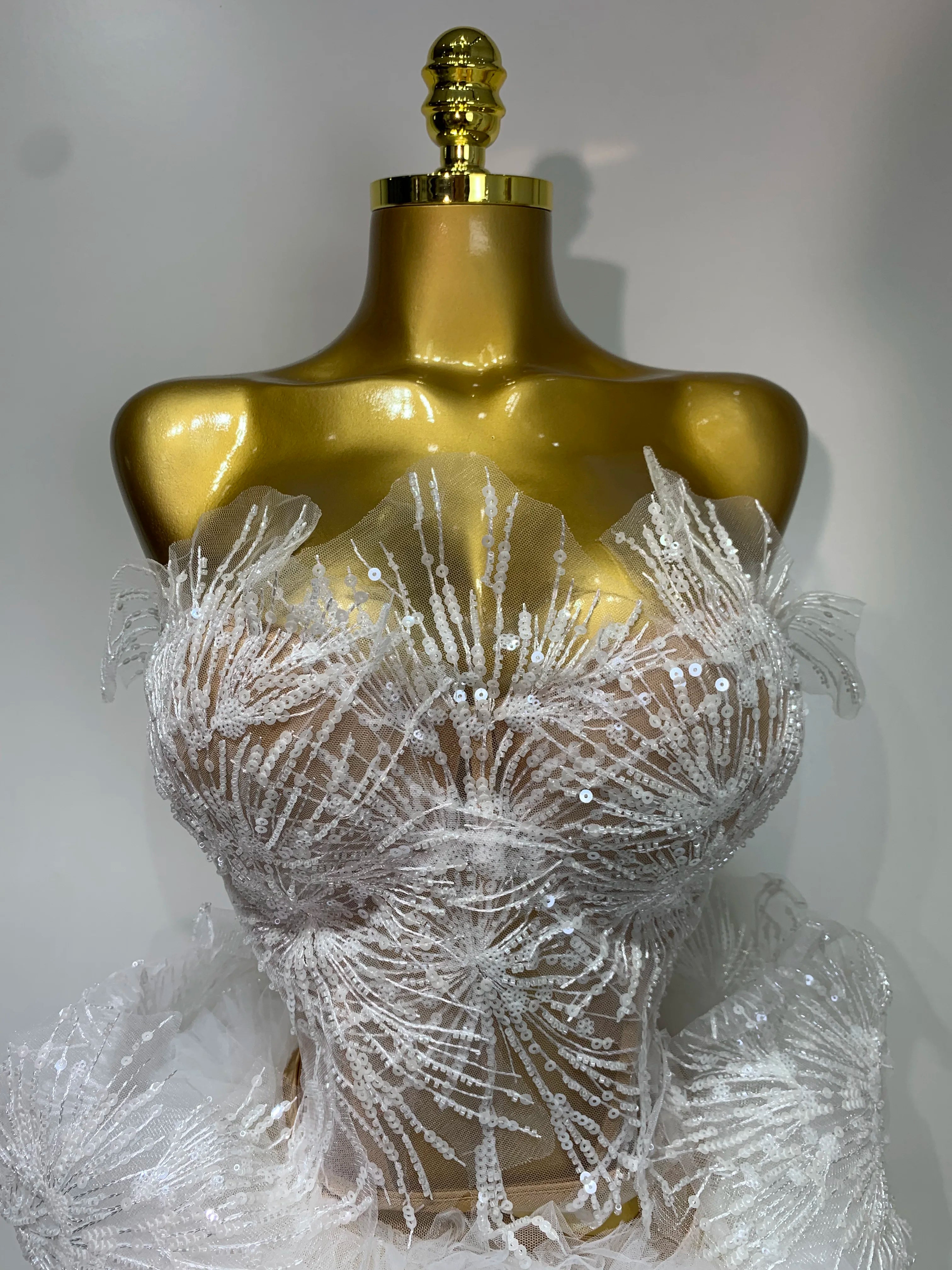 Sexy Strapless Tops Mesh Mini Skirt Two Piece Set Women Evening Party Nightclub Singer Stage Costume Luxury Birthday Gown