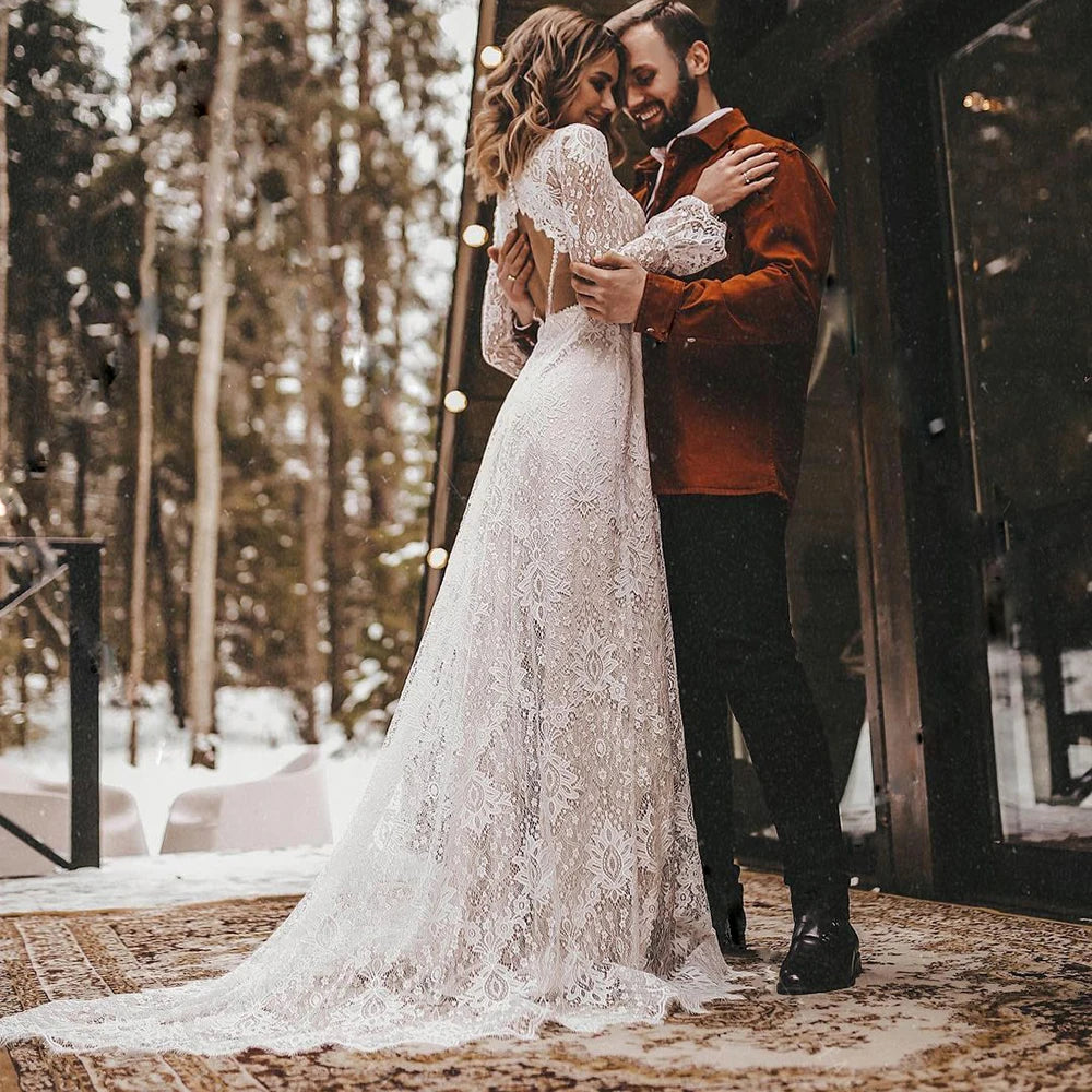 Bohemian Long Sleeves Floral Lace V Neck Outdoor Wedding Dress Elopement Hollow Sheath Modest Pearls Rustic Bridal Gown Ivory