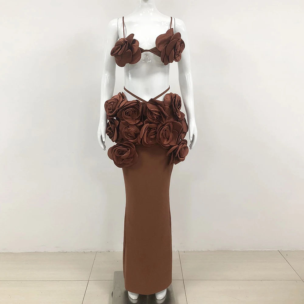 TWOTWINSTYLE Solid High Street Two Piece Set For Women Bustier Tops Patchwork Zipper Midi Skirts Appliques Sets Female Style New