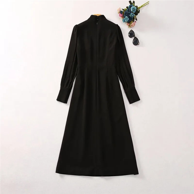TWOTWINSTYLE Solid Slimming Spliced Bead Dresses for Women High Neck Lantern Sleeves Temperament Long Dress Female Clothing New