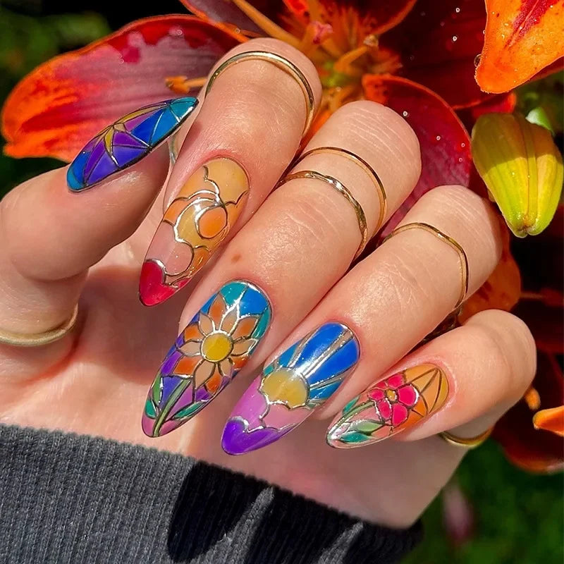 24Pcs Autumn Winter Matte Almond False Nails with Glue Rose Leaf Printing Nail Art Simple Full Cover Press on Acrylic Nails Tips