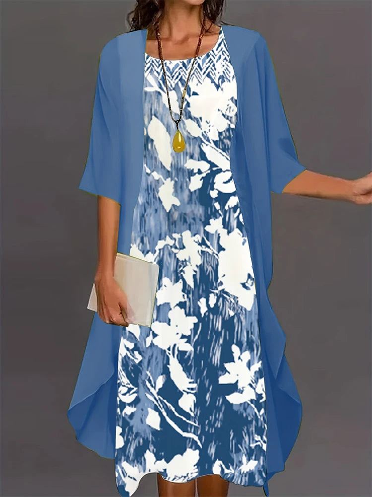 Plus Size 2024 Autumn New Women's Floral Printed Long Dress Printed Pattern Two-piece Dress Round Neck Temperament Elegant Dress