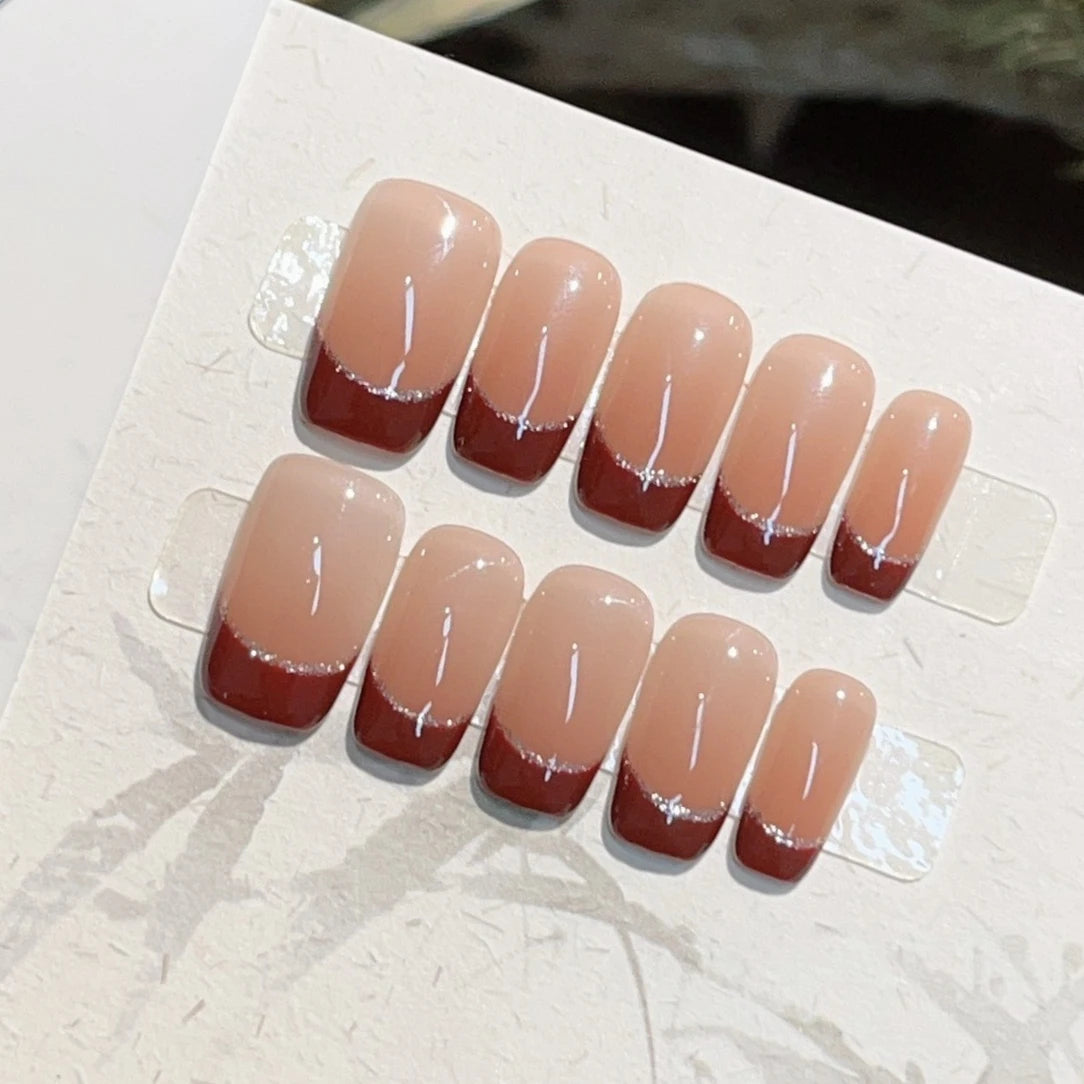 10Pcs Handmade French Press on Nail Medium Red Nails with Polka Dot Designs Retro Fake Nails with Glue Detachable Fashion Nails