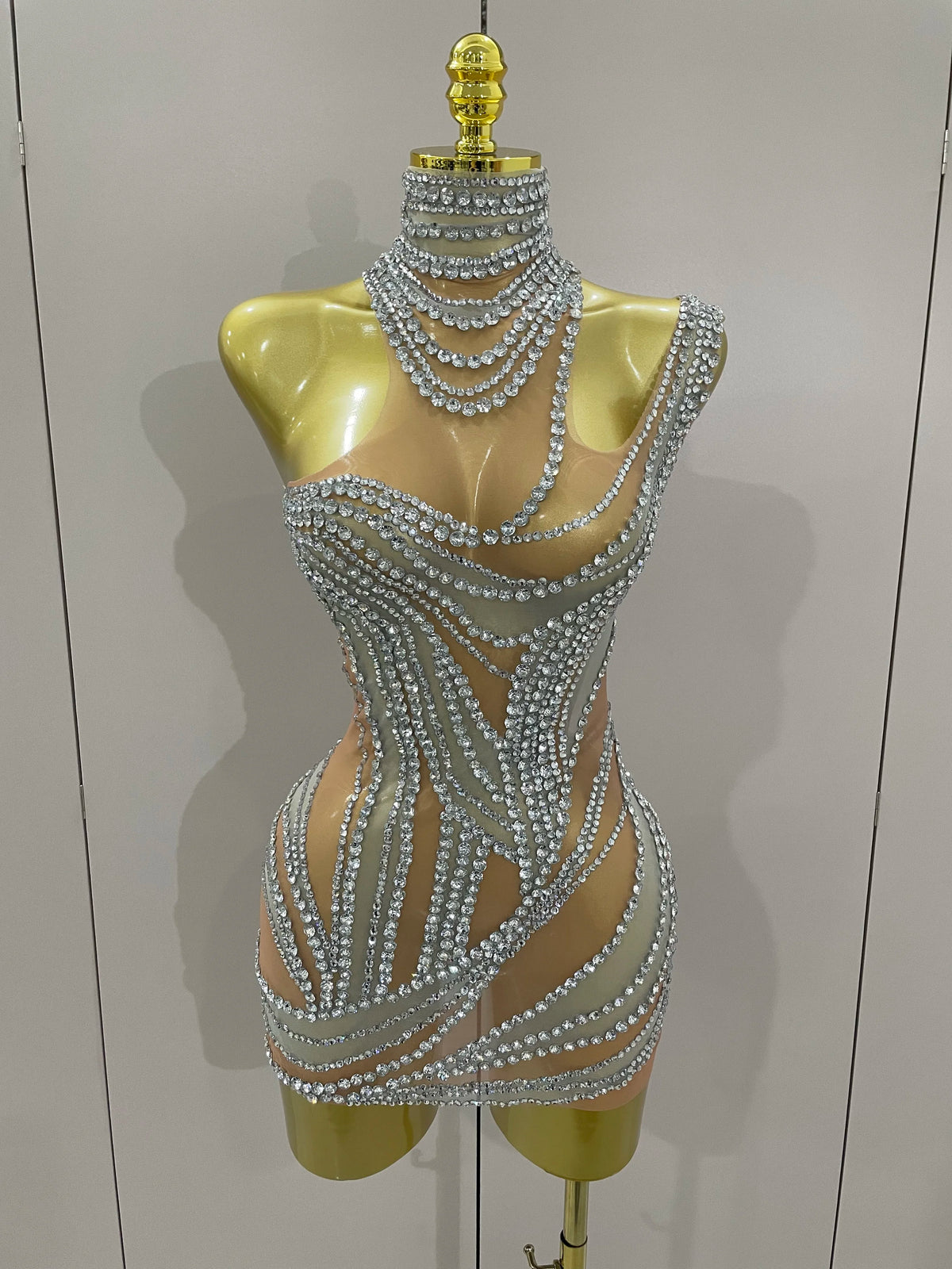 Luxury Sparkly Crystals See Through Mini Dress 2025Women Celebrate Birthday Party Gowns Singer Performance Stretch Stage Costume
