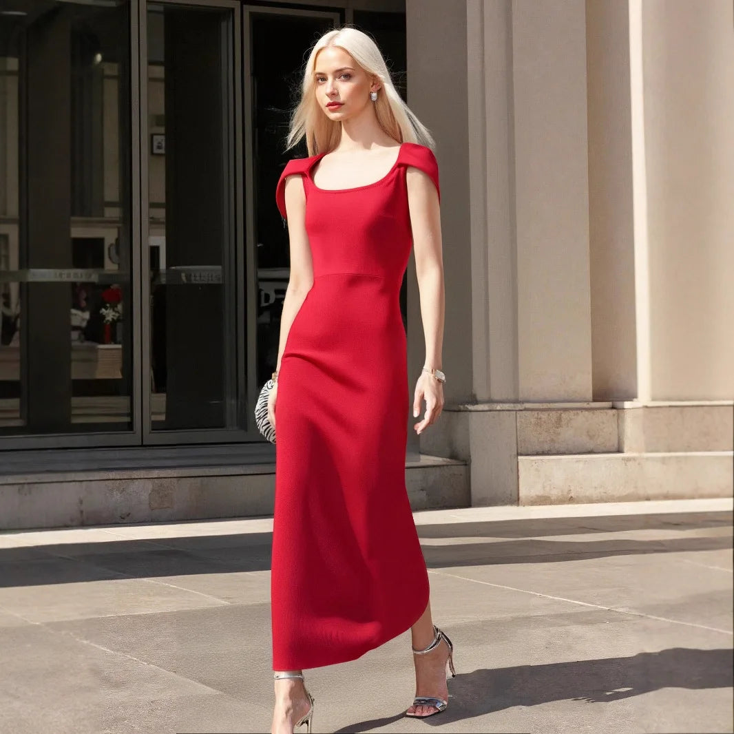 Top Quality Red Color Women Sexy Short Sleeve Square Collar Bodycon Long Bandage Dress Elegant Evening Party Wedding Wear