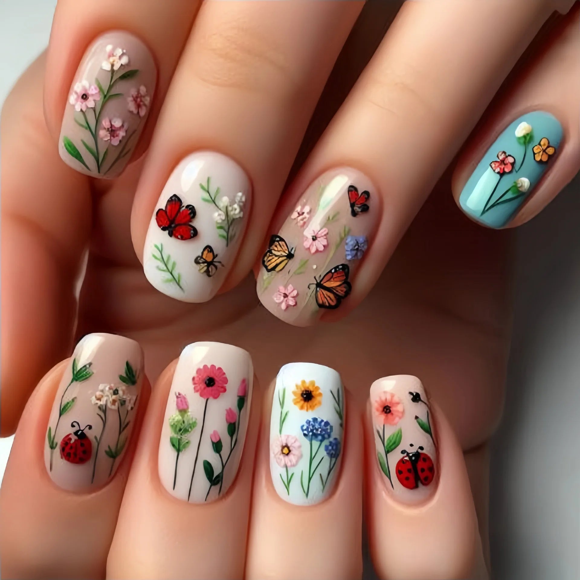 24Pcs Mid-length Square Fake Nails Patch with Plant Flower Pattern False Nails Blue Fashion Removable Nail Tips Finished Summer