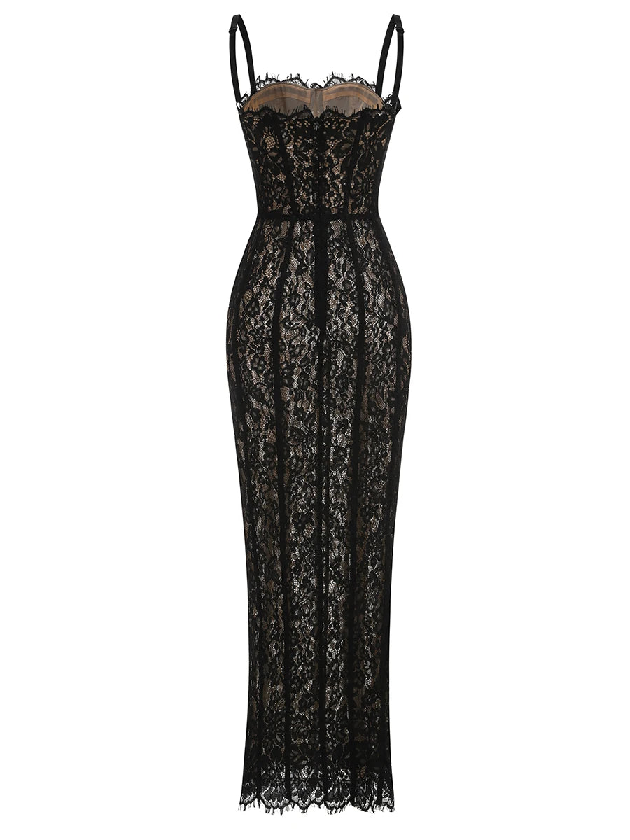 Black Color Women Sleeveless Sexy Strap Square Collar Lace Bodycon Long Dress Nightclub Party Celebrate Evening Outfit